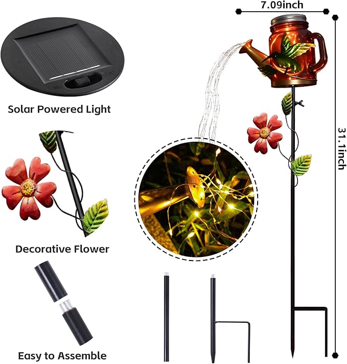 SRNPMIU Solar Watering Can Light, Yard Outdoor Decor Lights, IP65 Waterproof, Hanging Hummingbird Garden Light, Outside Garden Flower Bed Decor, Women Gift, Birthday Gifts