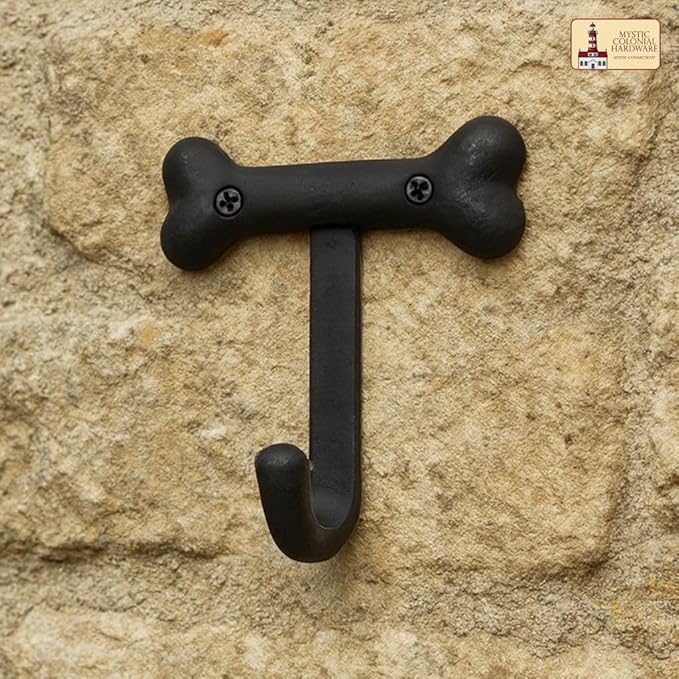 Mystic Colonial Medieval Cast Iron Bone-Shaped Wall Hook (Set of 2) | (3 in x 4 in) Rustic Gothic Decorative Hooks with Black Finish for Coats, Hats, Keys, Towels & Bags