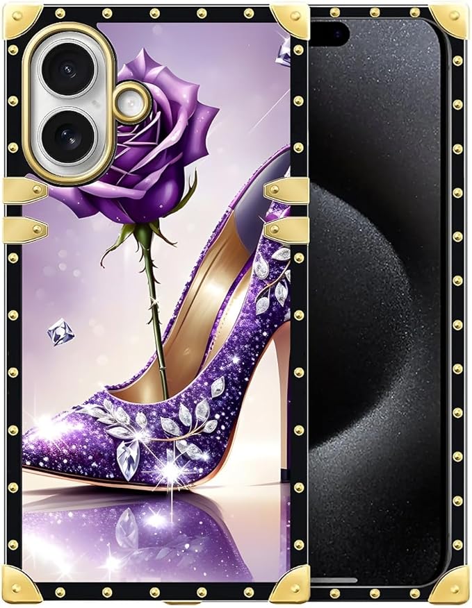 for iPhone 17 Case Luxury Golden Decoration for Girl Women Soft TPU Shockproof Protective Hard PC Back for iPhone 17 Crazy Pattern High Heeled Purple Diamond Rose