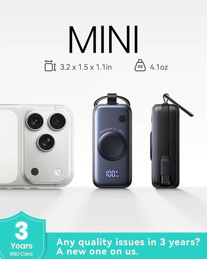 INIU 3-in-1 Portable Charger, 5000mAh Power Bank with Watch Charger & Built-in Cable, Compact 20W Fast Charging Battery Pack, Key Chain & Travel Essential for iPhone 16 15, Apple Watch, etc