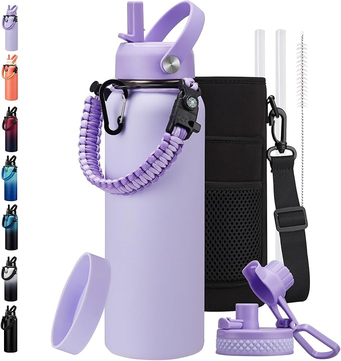 BENZZO Insulated Water Bottle 40oz - Triple Wall Metal Water Bottles with Straw & Spout Lid, Paracord Handle, Bottle Carrier Bag, Water Bottles Stainless Steel 40 oz