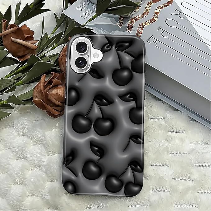 for iPhone 16 Case,HL2 Cute Cool Cherry Black Hybrid 2 Layer Hard Shell Silicone Protective Pattern Design Case