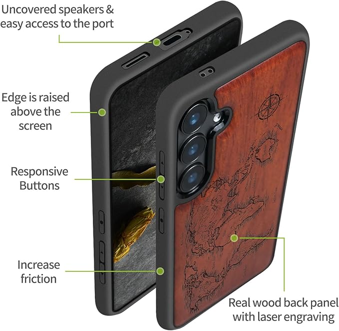 Carveit Wood Case for Galaxy S24 Plus Case [Natural Wood & Black Soft TPU] Shockproof Protective Cover Unique Wooden Design Compatible with S24 Plus (Compass Maps-Rosy)