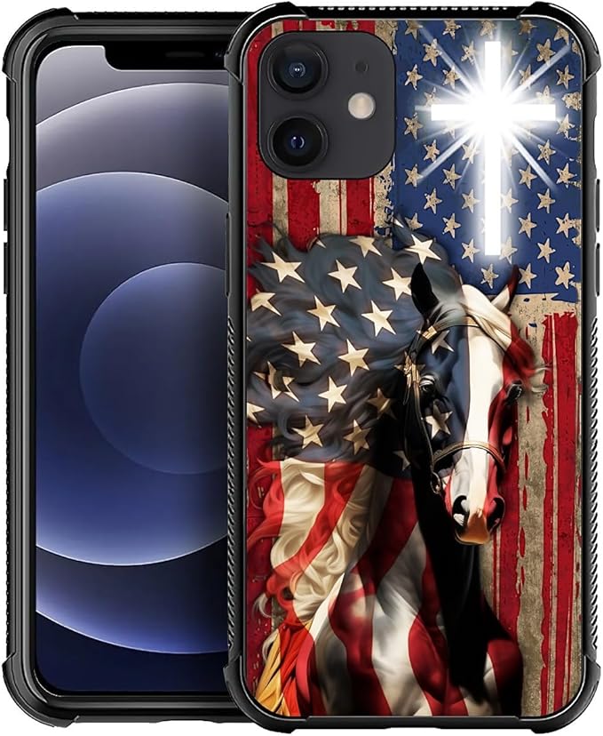 for iPhone 11 Case, Red American Flag Horse Cross Pattern Graphic Design Girl Boy Soft Silicone Hard Acrylic Shock Protection for iPhone 11