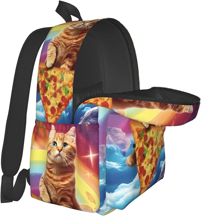 cfpolar 17 Inch Backpack Funny Pizza Cat Rainbow Laptop Bag Shoulder Bag School Bookbag Casual Daypack For Boys Girls