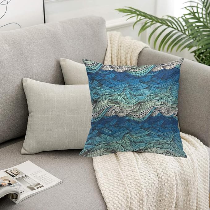 TKS MITLAN Abstract Wave Pillow Covers 18 x 18 Inch Ocean Sea Water Gradient Blue Beach Waves Lines Stripes Decorative Throw Pillow Covers Linen Cushion Case for Sofa Couch