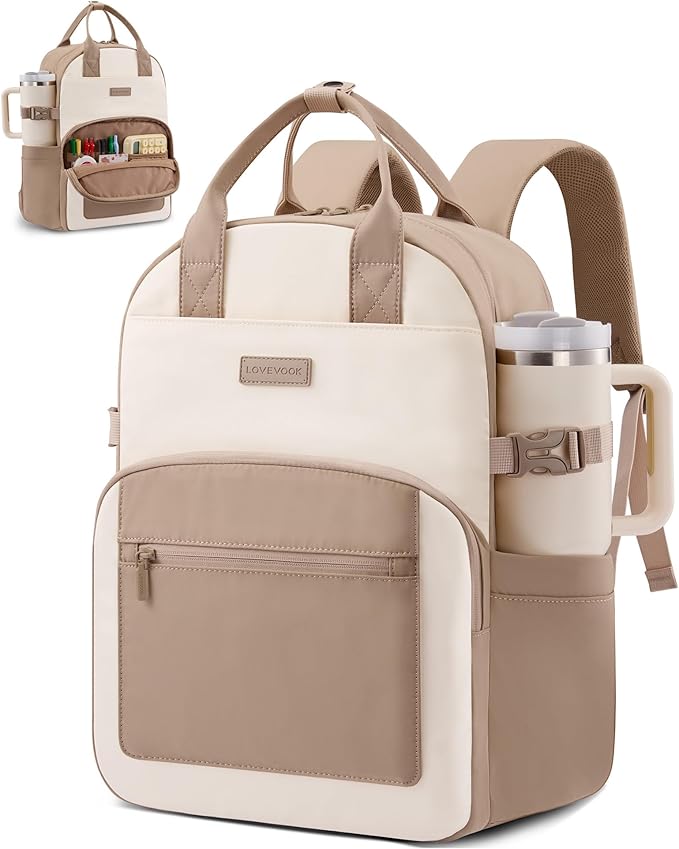 LOVEVOOK Laptop Backpack for Women - Stylish Work Backpack with Large Cup Holder, Waterproof College Teacher Backpack, Beige-Khaki, 15.6Inch