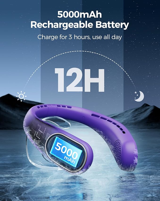SHEWIND Portable Neck Fan - 5000mAh Rechargeable Hands-Free Wearable Fan | 4 Speeds, Bladeless & LED Display | Personal Cooling Fan for Travel, Outdoors, Camping - Purple