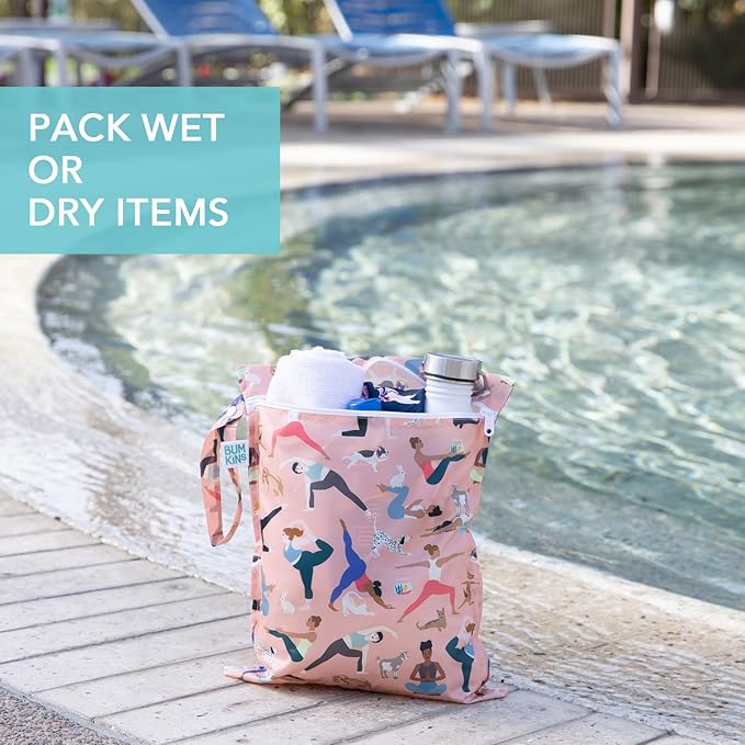 Bumkins Waterproof Wet Bag for Baby, Travel, Swim Suit, Cloth Diapers, Pump Parts, Pool, Beach, Gym Clothes, Toiletry, Hook to Stroller, Daycare, Zipper Reusable Wetdry Packing Pouch, Yoga Pals
