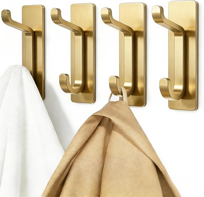 pickpiff 12 Pack Wall Hooks for Coat and Towel: 13LB Strong Adhesive Door Hanger Stick on, Brushed Gold