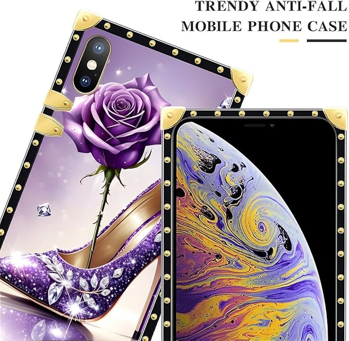 Compatible with iPhone XR Case, High Heeled Purple Diamond Rose Luxury Golden Decoration for Girl Women Soft TPU Shockproof Protective Hard PC Back for iPhone XR