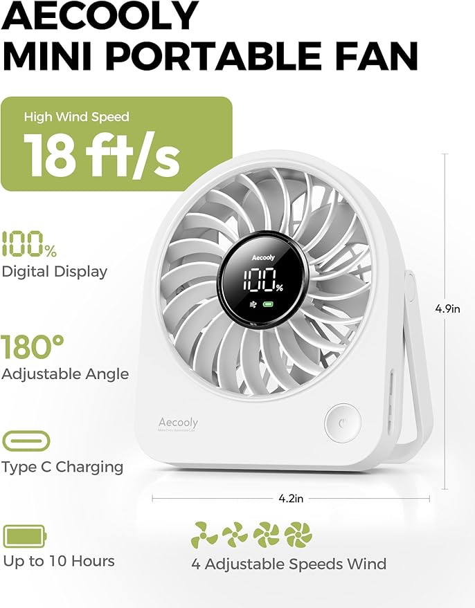 Aecooly Mini Portable Fan, Small Enough to Hold USB Desk Fan, 4 Speeds Quiet Rechargeable [10H Max Cooling Time], 180° Adjustable Battery Powered Personal for Travel, Office, Gifts for Women -White