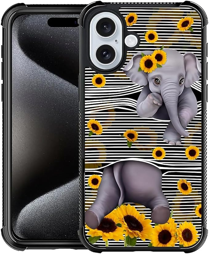for iPhone 16 Plus Case, Cute Little Elephant Sunflower White Line Art Pattern Graphic Design Girl Boy Soft Silicone Hard Acrylic Shock Protection for iPhone 16 Plus