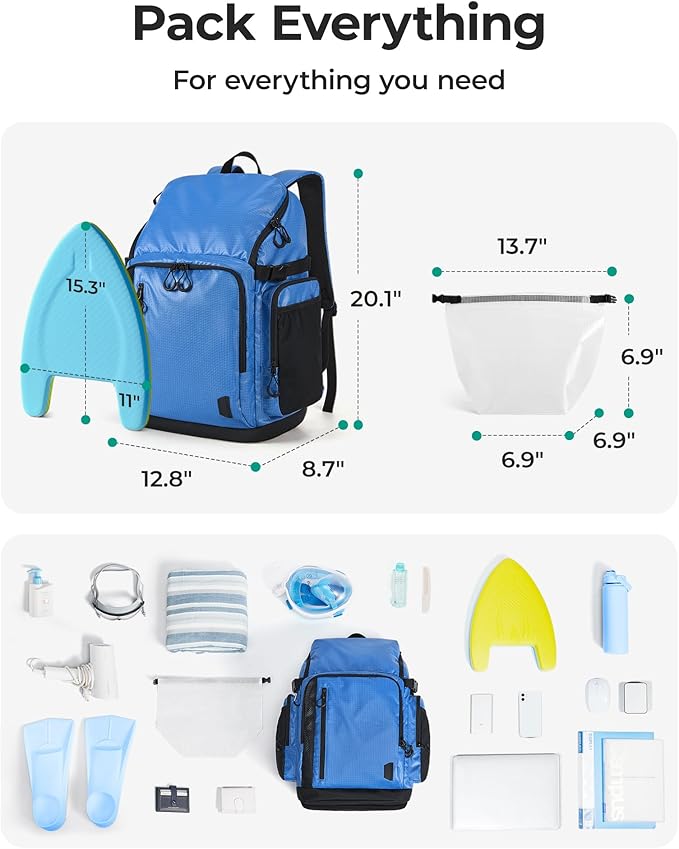 BAGSMART 2 Piece Swim Bag for Swimmers with Shoe Compartment, 35L Waterproof Swim Backpack for Men and Women, Swimming Sports Gym Bag