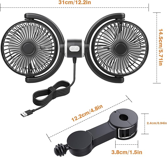 Car Fan USB Powered for Baby: Dual Car Cooling Fans for Backseat 3 Speed Separate Controlled Quiet Brushless Motor 360° Rotatable 5V 2A Rear Seat Air Circulation for Vehicle Van Truck SUV RV(USB Plug)