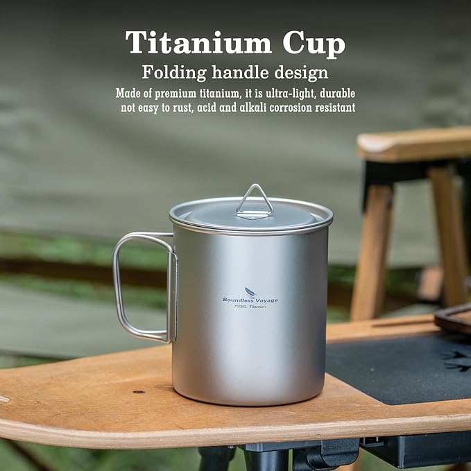 Boundless Voyage Titanium Camping Mug with Lid 300ml 450ml 750ml Lightweight Folding Handle Cup for Outdoor Backpacking Hiking Travel Durable Portable (750ml)