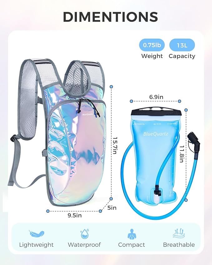 Blue Quartz Rave Hydration Backpack, Reflective Hiking Pack with 2L Water Bladder & Phone Pocket, Hydro Pack with Insulated Compartment for Festival Running Cycling for Men Women