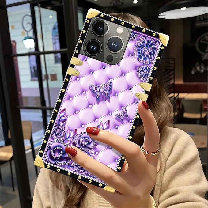 Compatible with iPhone 12 Pro Max Case, Purple Butterfly Flowers Leaf Luxury Golden Decoration for Girl Women Soft TPU Shockproof Protective Hard PC Back for iPhone 12 Pro Max