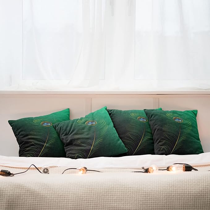 Ambesonne Peacock Decorative Throw Pillow Case Pack of 4, Peacock Feather Illustration in Simplistic Style Wild Nature Life Print, Cushion Cover for Couch Living Room Car, 18", Green Blue
