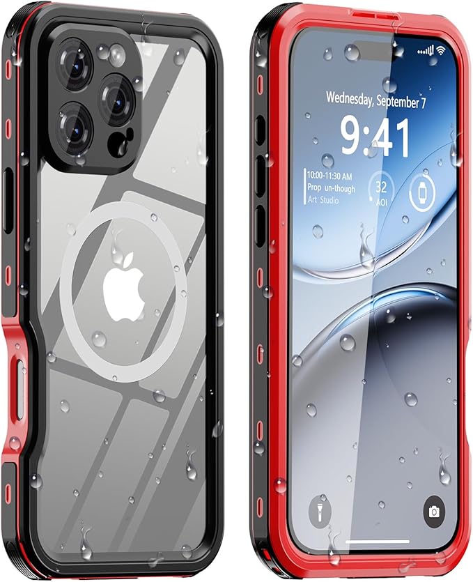 for iPhone 16 Pro Case Waterproof | Shockproof Dust Proof Phone Case Cover with Screen Protector - Red