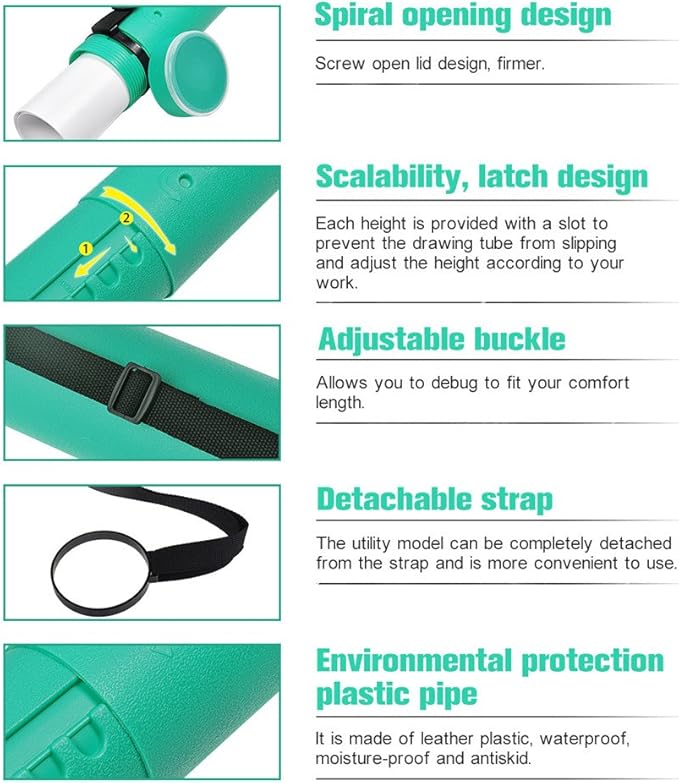 DEWEL Document Tube,Plastic Expanding Poster/Art/Document Storage Tube 24.5 to 40 inches Adjustable with Carrying Strap Waterproof and Light-Resistance Telescoping Carrying Case (Green-Large Size)