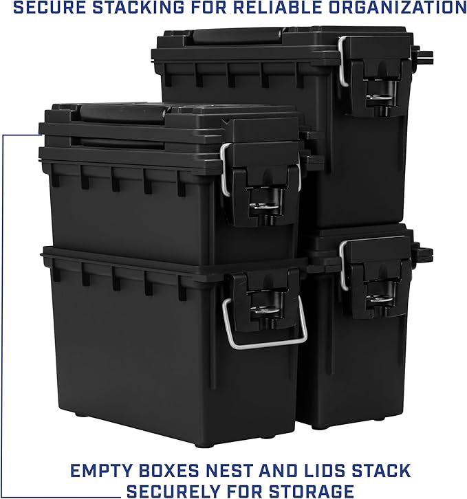 Sheffield 12772 4-Pack Ammo Storage Box, Stackable .30 Cal Field Boxes, Water and Dust Resistant, Lockable Storage Box with Handle, Secures Hunting Gear, Supplies, and Bullets, Made in USA, Black