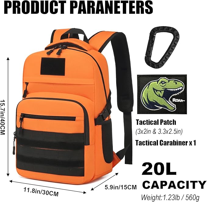 Kids Tactical Backpack Army Molle Bookbag Military Boys Backpack for School, Outdoor, Camping (Includes 2 Patches+1Carabiner), Orange