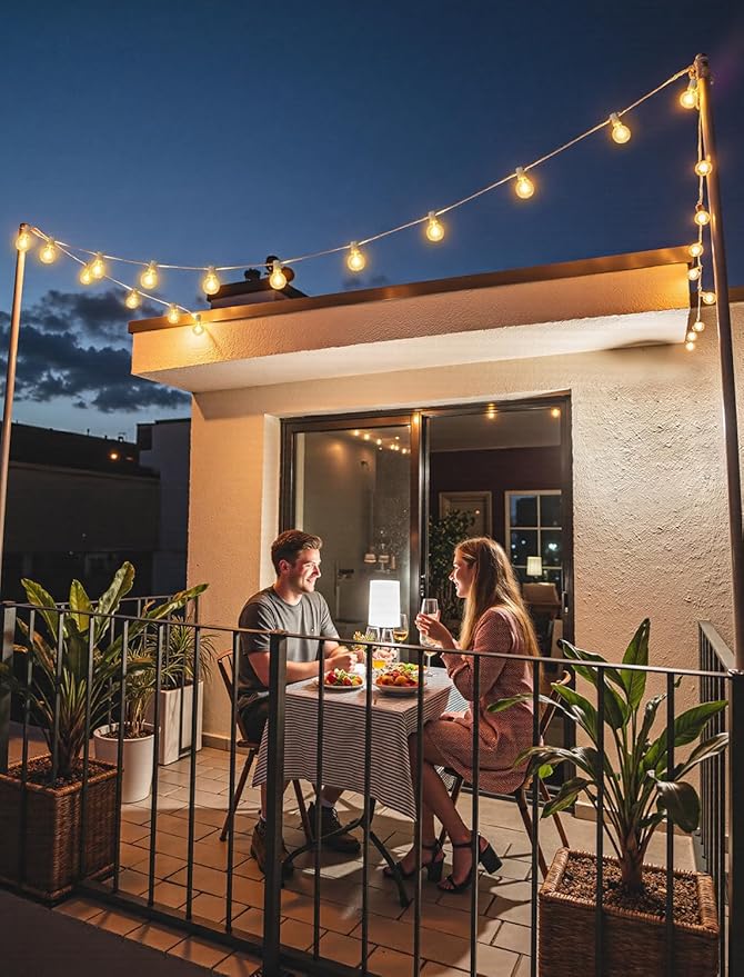 Larkvue 25FT Solar String Lights Outdoor with Remote, Waterproof Dimmable 3 Modes Patio Lights with 10+1 LED Shatterproof G40 Bulbs for Garden-White