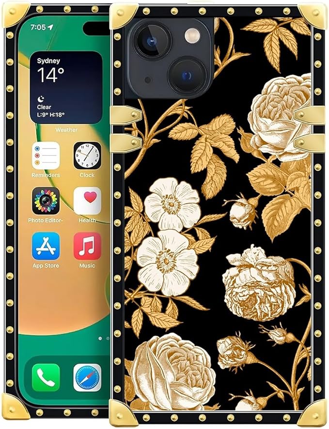 Compatible with iPhone 14 Case, Blooming Rose Golden Flower Luxury Golden Decoration for Girl Women Soft TPU Shockproof Protective Hard PC Back for iPhone 14