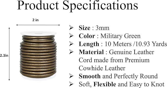 GENIQUE Real/Genuine Round Leather String Cord for Necklace, Bracelets, Jewellery, Braiding (Military Green Metallic, 3mm)