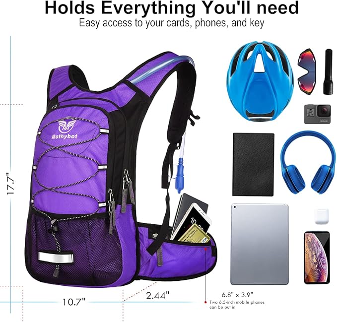 Mothybot Insulated Hydration Backpack Pack with 3L BPA Free Leak Proof Water Bladder, Large Storage Lightweight Hiking Daypack with Waist Pouches & Cooler Layer, for Running, Biking, Camping, Festival