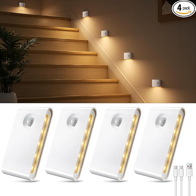EZVALO Motion Sensor Stair Lights Indoor, Rechargeable Night Lights with Magnetic & Dimmable, Auto On/Off 3000K Soft White, Stick-On for Stairs, Hallway, Bathroom (4 Pack)