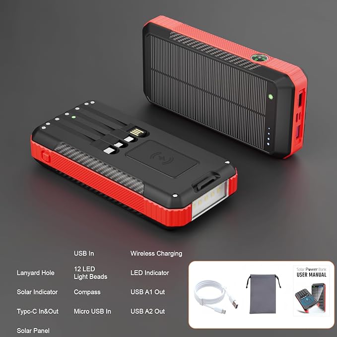 Solar Power Bank 33800mAh with Super Bright LED Flashlight, Built-in 4 Cables & Wireless Charging, Portable Charger with Compass, 7 Outputs & 4 Inputs for Camping/Hiking(Red)