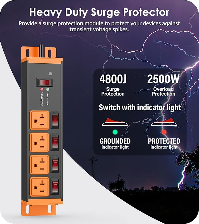 CCCEI Heavy Duty Surge Protector Power Strip 20 Amp Individual Switches. 15FT 12 Gauge Extension Cord with Multiple Outlets. Kitchen, Garage, Shop, Industrial Wall Mount Electric Extender, Orange.