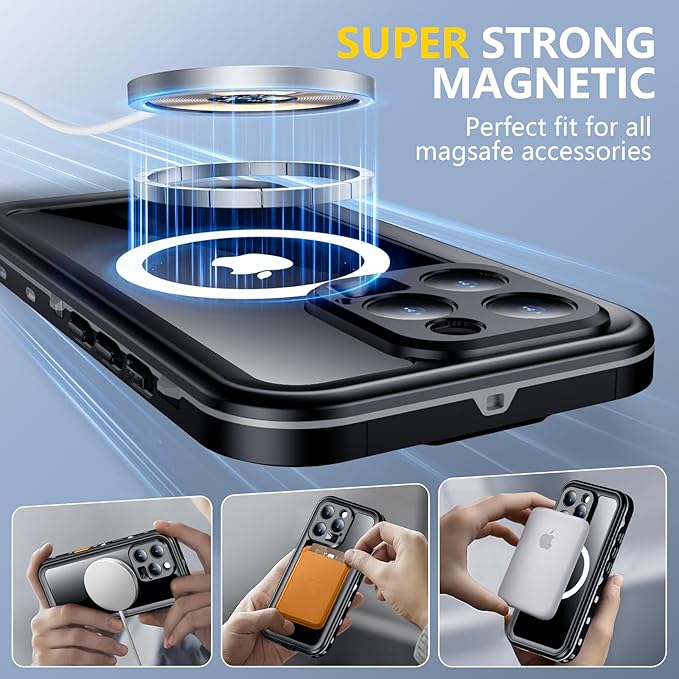 Red2Fire for iPhone 16 Pro Case Waterproof, [Built-in Screen Protector & Camera Protector][Compatible with MagSafe][Full Body Shockproof][IP68 Waterproof][Dustproof] Phone Case 6.3" Black/Clear