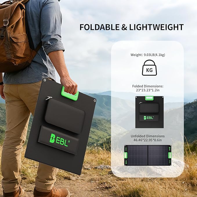 EBL 100 Watt Solar Panel, Foldable Solar Charger for Power Station, Portable Solar Panels w/Kickstands, High Efficiency IP65 Waterproof for Camping, RV, Off-Grid Outdoor