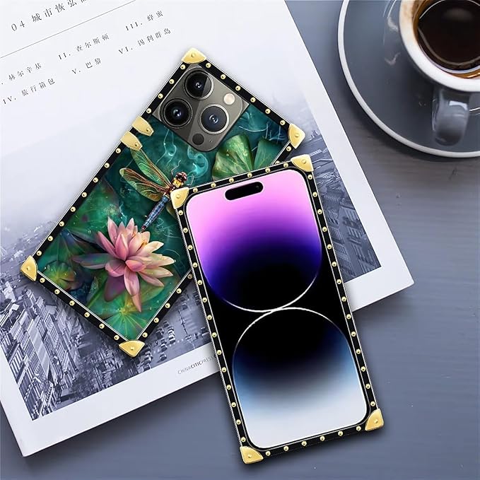 Compatible with iPhone 14 Pro Max Case, Colourful Dragonfly Pink Lily Pads Luxury Golden Decoration for Girl Women Soft TPU Shockproof Protective Hard PC Back for iPhone 14 Pro Max