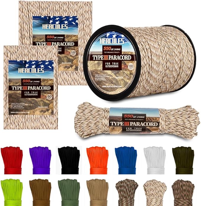 HERCULES Type III Paracord 550 Paracord Rope Parachute Cord, 250' Camo for Survival Rope, Survival Cord