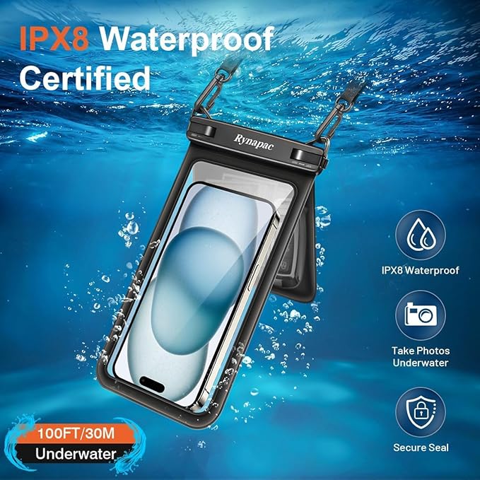 Rynapac IPX8 Waterproof Phone Pouch 2 Pack, [Up to 8.5''] Double Space Waterproof Phone Case with Lanyard for iPhone 17 16 15 14 Pro Max, Cellphone Dry Bag for Beach Vacation Cruise Essentials