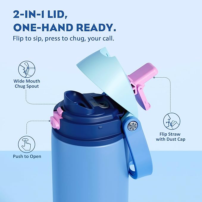 POWCAN 24 oz Metal Sports Water Bottle: 2-in-1 Push-Button Spout & Quick-Flip Straw, Leakproof, Cold 24Hrs, Lockable, Fits Car Cup Holder, Insulated Steel Cup for School, Hiking, Gift (Ohana Blue)