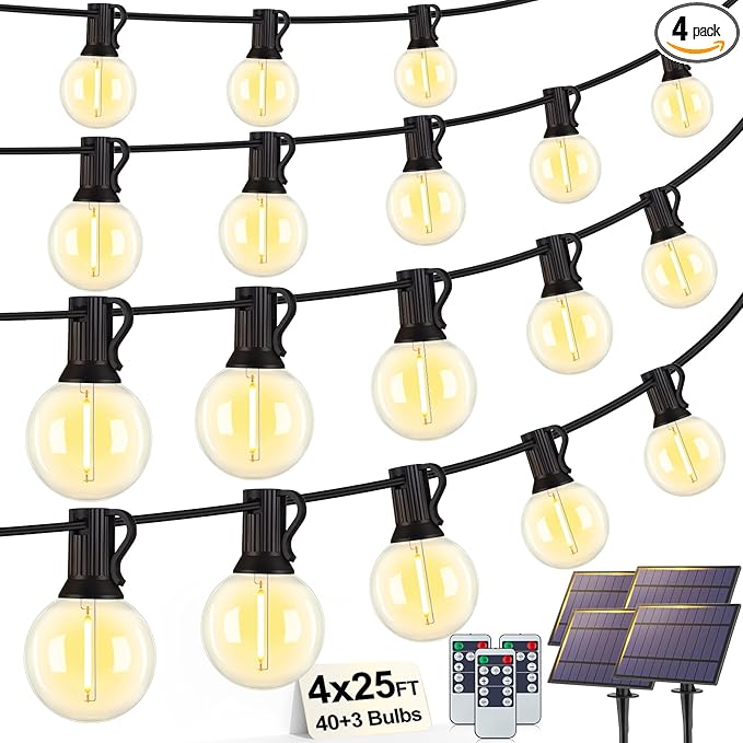 Larkvue 100FT(4x25FT) Solar String Lights Outdoor with Remote, Waterproof Dimmable 3 Modes Patio Light with 40+3 LED G40 Bulbs for Camping Porch-Black
