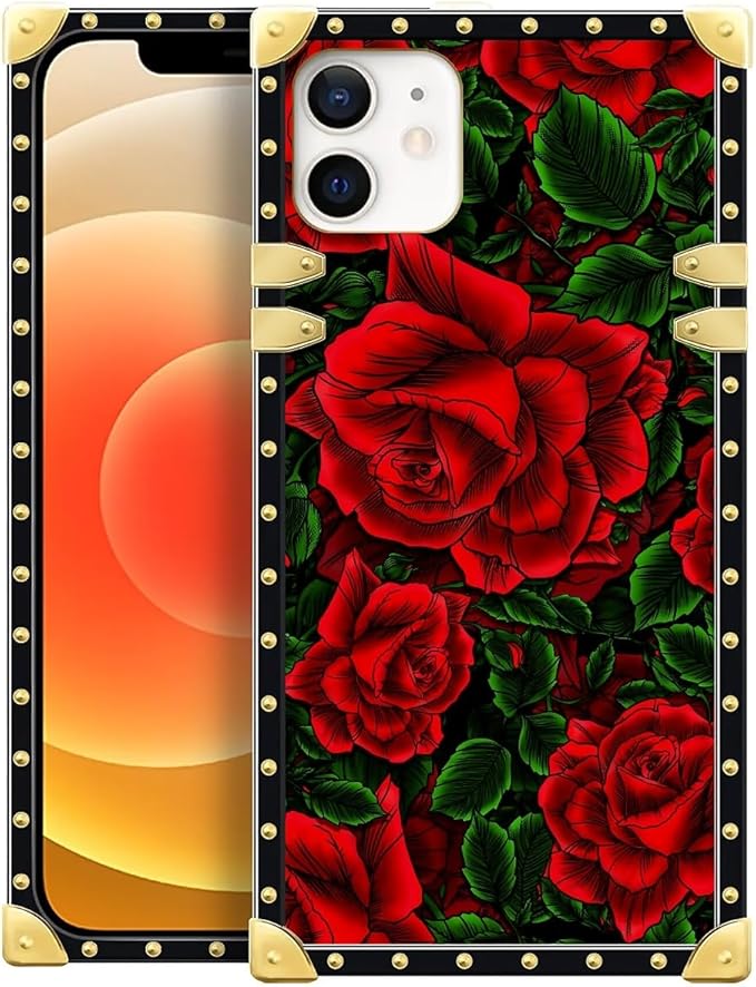 Compatible with iPhone 11 Case, Vector Red Rose Green Leaf Luxury Golden Decoration for Girl Women Soft TPU Shockproof Protective Hard PC Back for iPhone 11