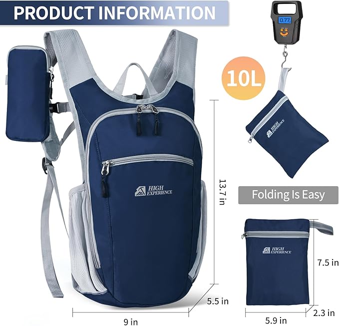 Hiking Backpack 10L/15L Small Daypack Lightweight Packable Travel Foldable Water Resistan for Women Men (Navy Blue, 10L)