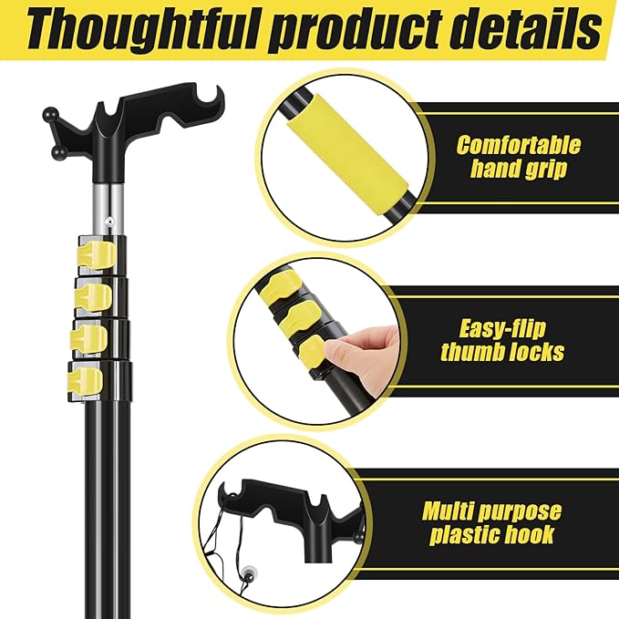 7-24 ft Telescopic Extension Pole with Utility Hook, Multi-Purpose Aluminum Pole for Painting, Dusting and New Year Window Cleaning Christmas Lights Installation Without a Ladder(Yellow)