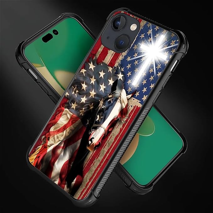 for iPhone 13 Case, Red American Flag Horse Cross Pattern Graphic Design Girl Boy Soft Silicone Hard Acrylic Shock Protection for iPhone 13