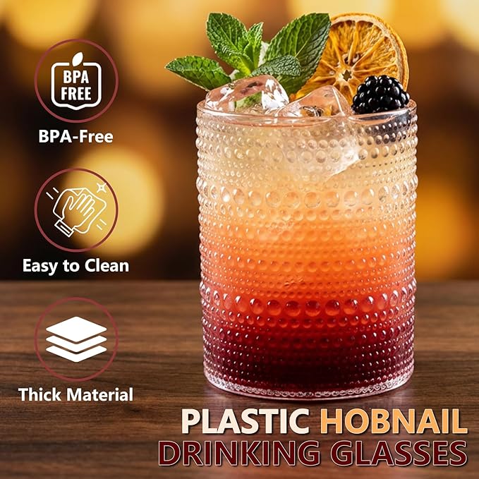 YOUBET 24PCS Plastic Hobnail Drinking Glasses - 14 Oz Clear Vintage Glasses Drinkware - Disposable Beaded Cups for Juice, Wine, Party