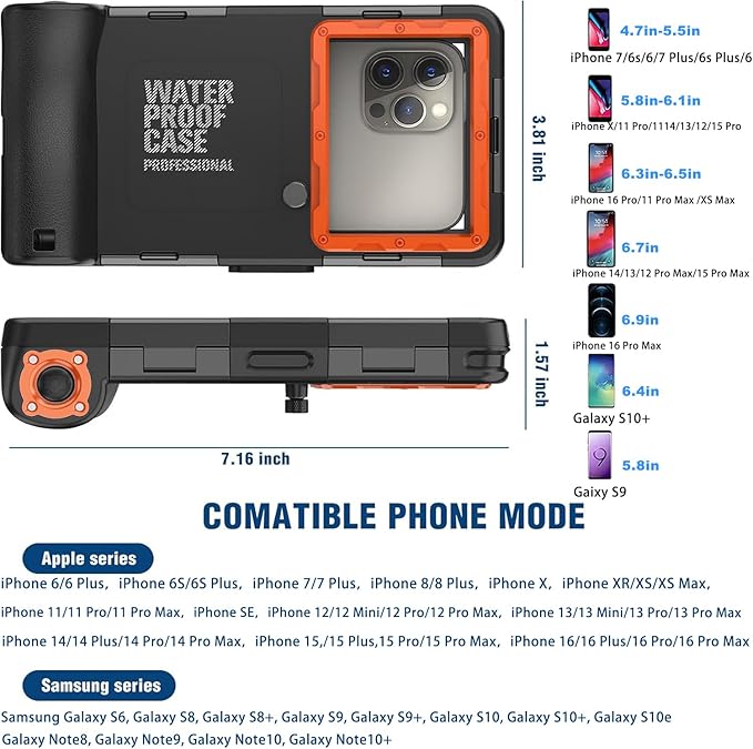 2026 Underwater Snorkeling Diving Phone Case for Phone 17/16/15/14/13/12Pro Max/Galaxy S25/S24/S23.(50ft/15m) Professional Scuba Dive Waterproof Case Underwater Photo Video（Black）
