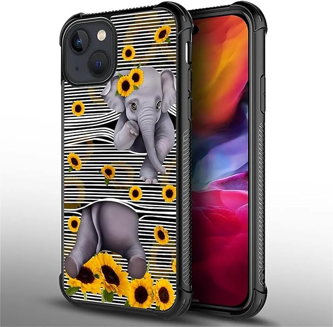 for iPhone 15 Plus Case, Cute Little Elephant Sunflower White Line Art Pattern Made of Soft Silicone Hard Acrylic Shock Protection for iPhone 15 Plus