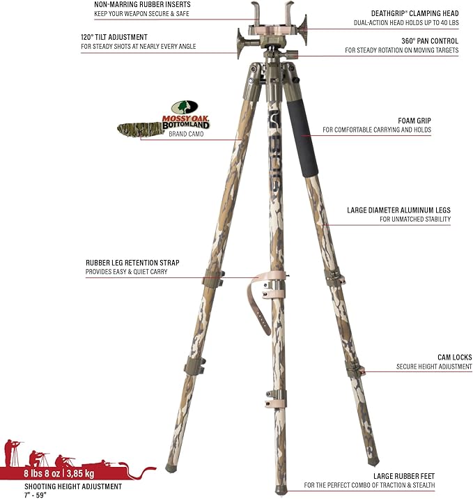 BOG DeathGrip Aluminum Tripod with Durable Frame, Lightweight, Stable Design, Bubble Level, Adjustable Legs, Shooting Rest, and Hands-Free Operation for Hunting, Shooting, and Outdoors