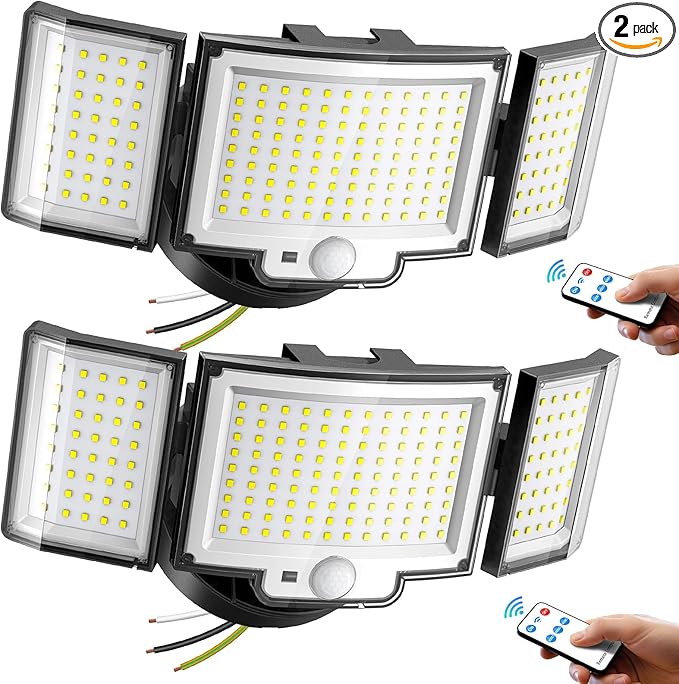 CLAONER 20W 3000LM LED Security Motion Sensor Outdoor Floodlights, 6500K Daylight Remote Control, 3 Modes Dusk to Dawn, Waterproof 3 Heads Hardwired Flood Light for Driveway, Garage, Porch(2 Pack)